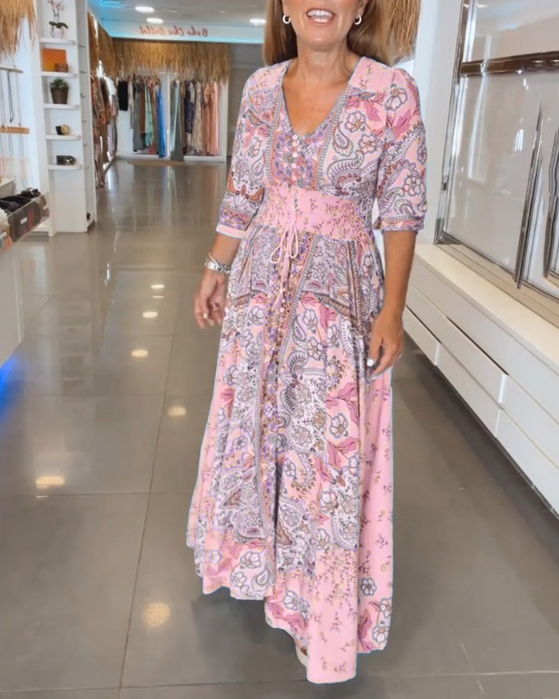 Astra - Elegant  Lace-Up Detail V-Neck Printed Dress