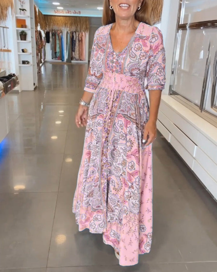 Astra - Elegant  Lace-Up Detail V-Neck Printed Dress