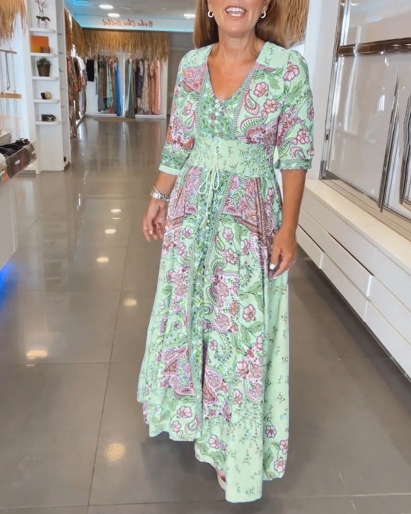 Astra - Elegant  Lace-Up Detail V-Neck Printed Dress