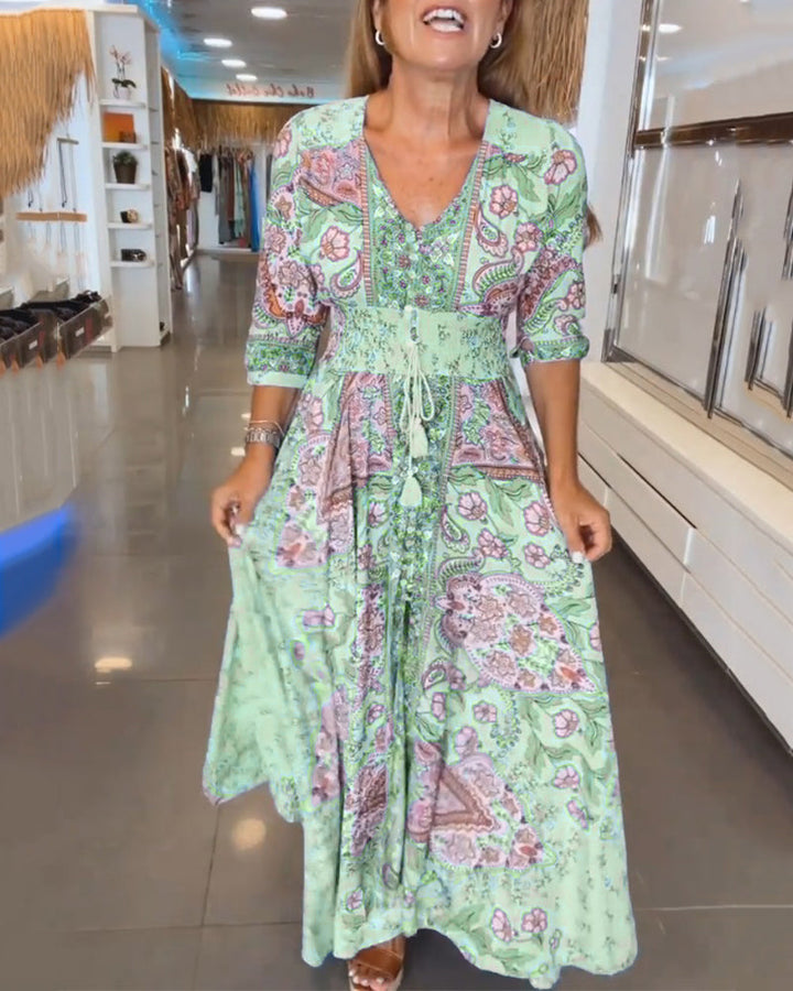 Astra - Elegant  Lace-Up Detail V-Neck Printed Dress