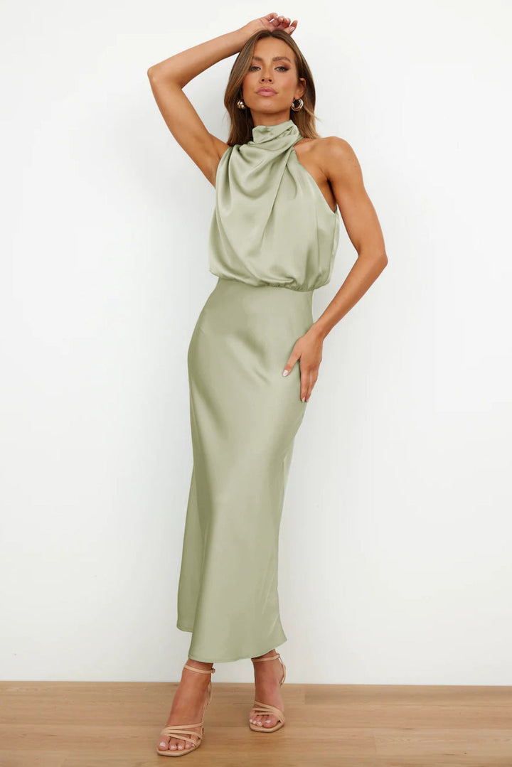 Azmara – Elegant Halter Neck Satin Maxi Dress
