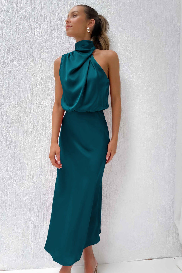 Azmara – Elegant Halter Neck Satin Maxi Dress