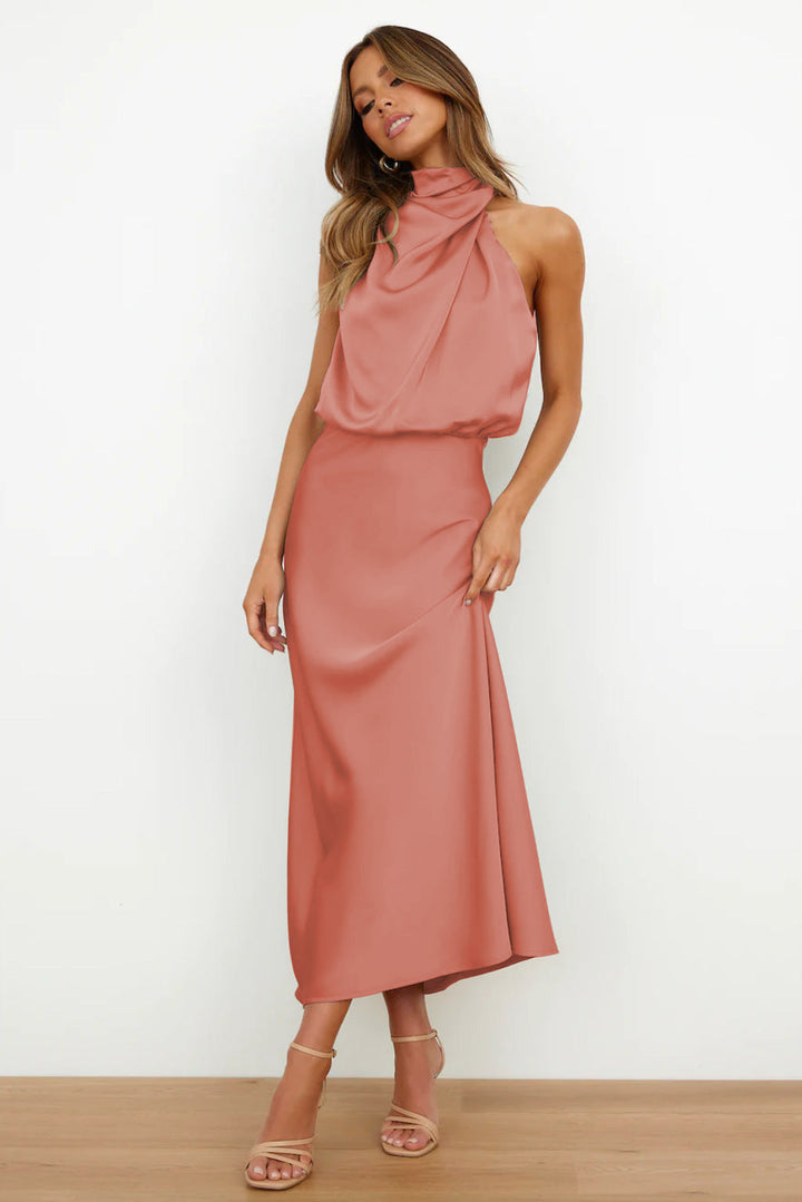 Azmara – Elegant Halter Neck Satin Maxi Dress
