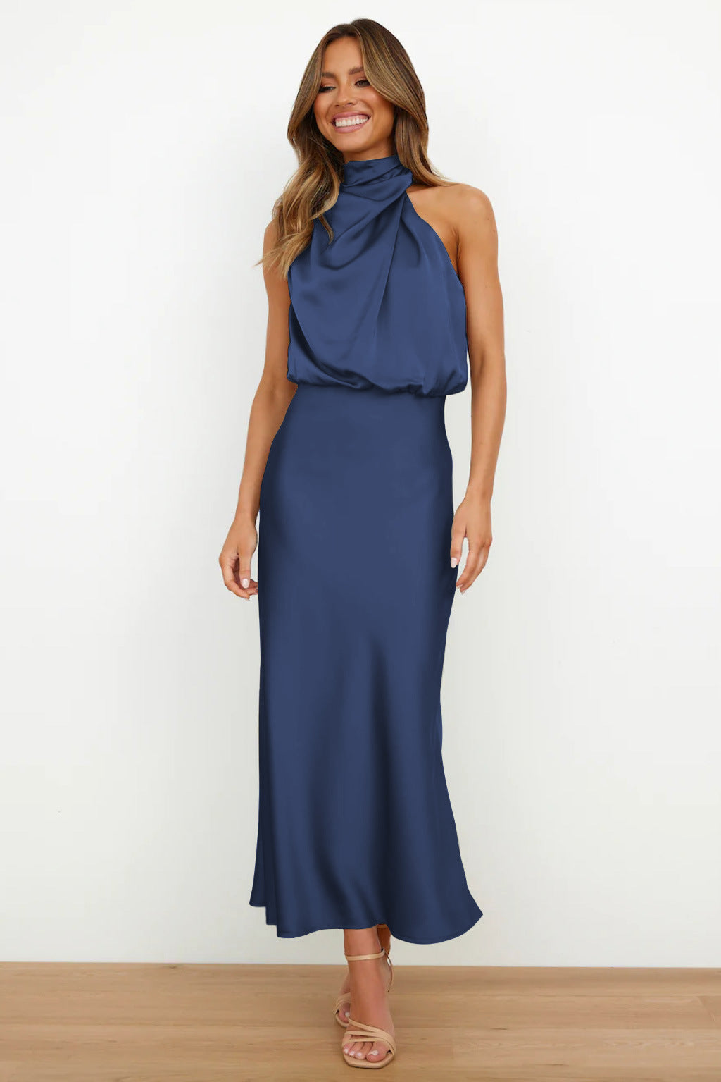 Azmara – Elegant Halter Neck Satin Maxi Dress