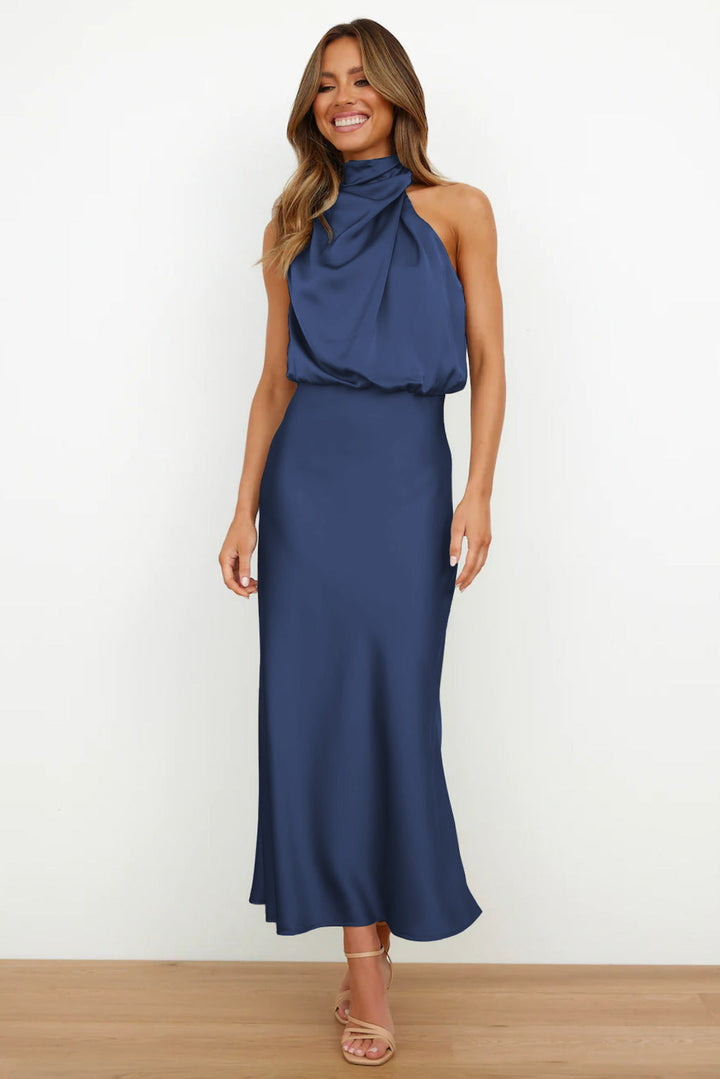 Azmara – Elegant Halter Neck Satin Maxi Dress