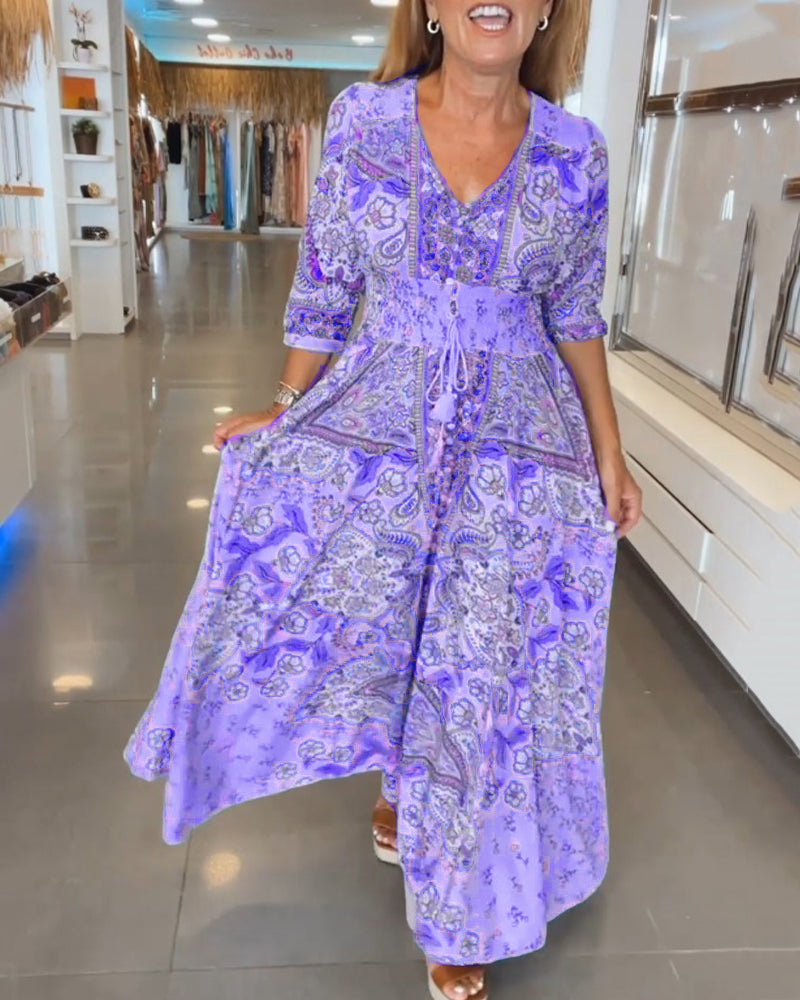 Astra - Elegant  Lace-Up Detail V-Neck Printed Dress