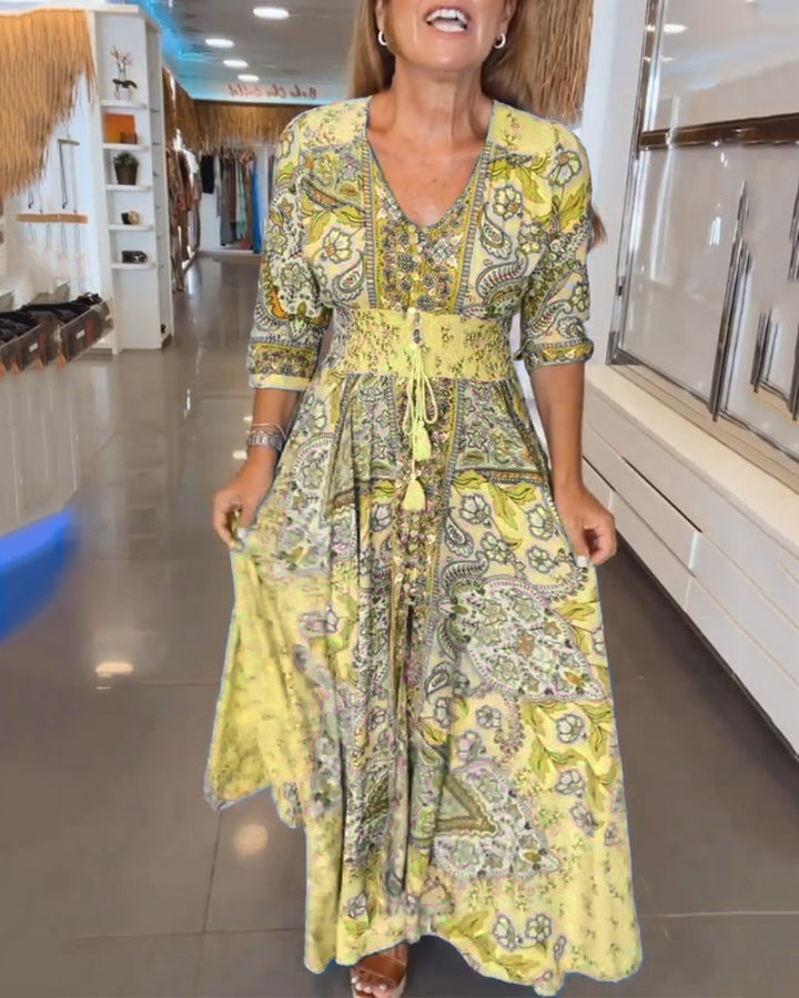 Astra - Elegant  Lace-Up Detail V-Neck Printed Dress