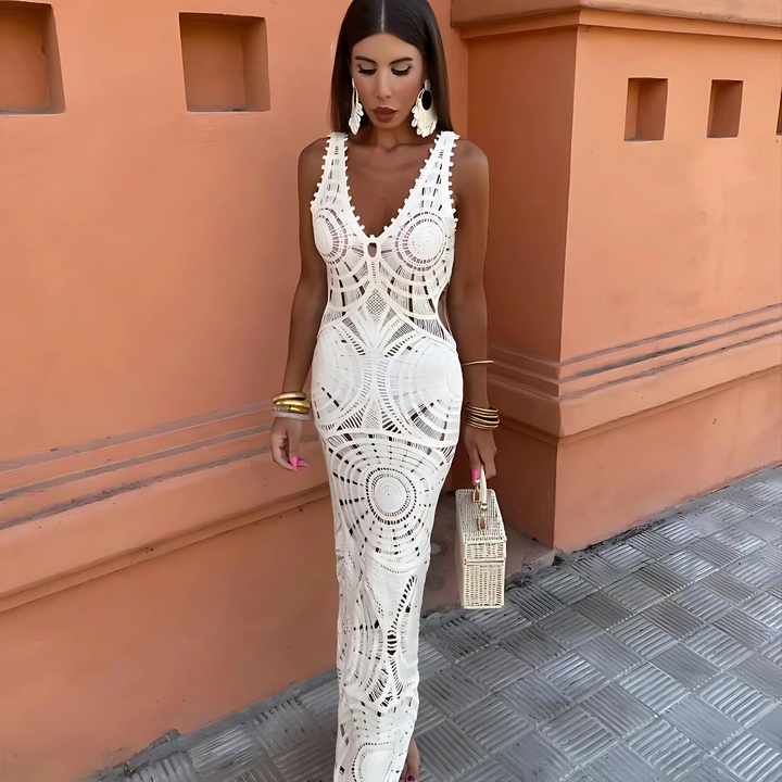 Abigail - Bohemian White Crochet Midi Dress
