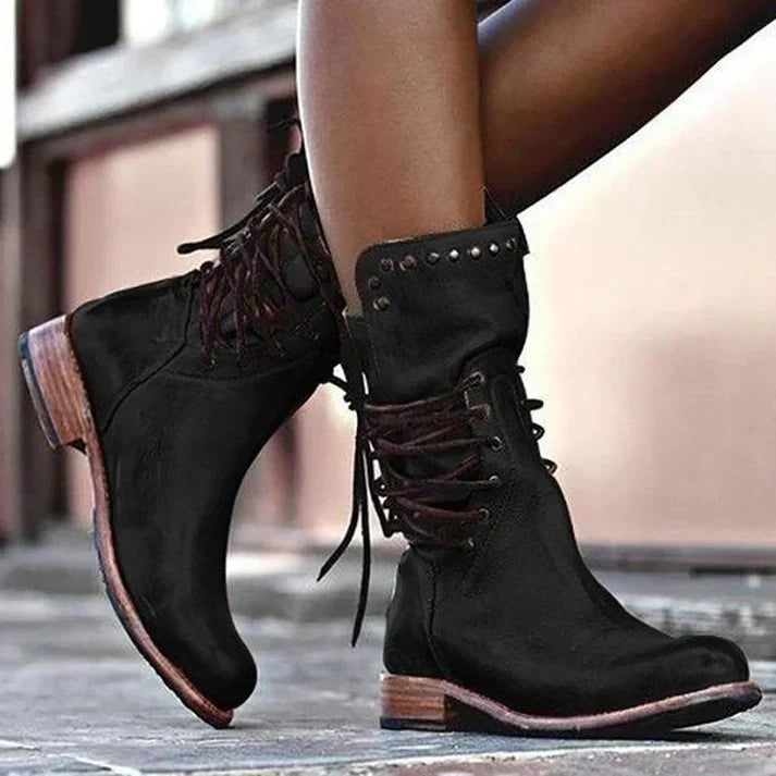 Teagan - Retro Mid-Calf Cross-Tied Boots