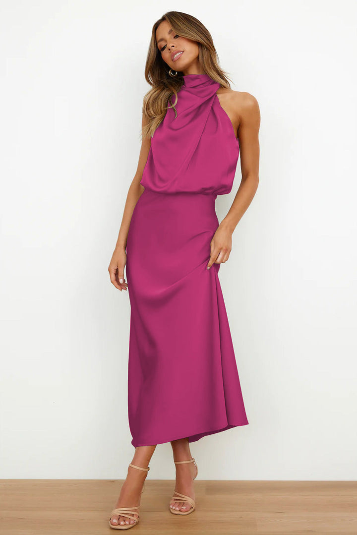 Azmara – Elegant Halter Neck Satin Maxi Dress