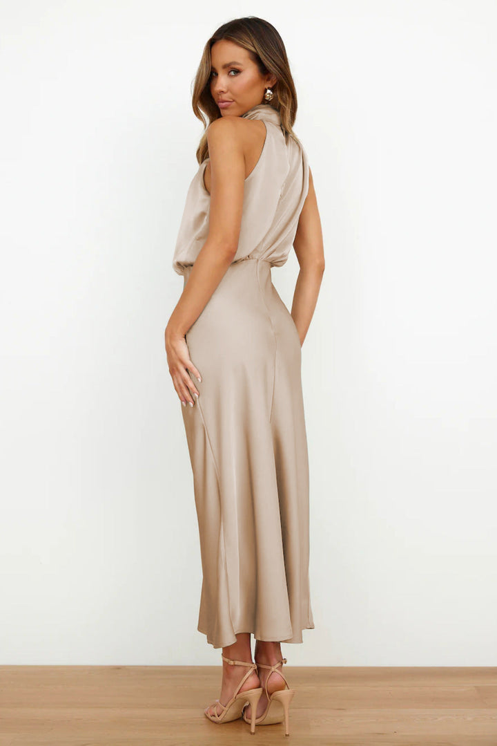 Azmara – Elegant Halter Neck Satin Maxi Dress