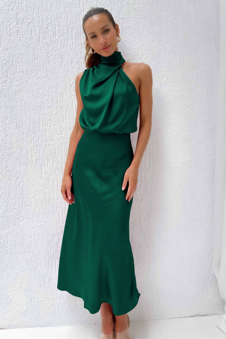 Azmara – Elegant Halter Neck Satin Maxi Dress