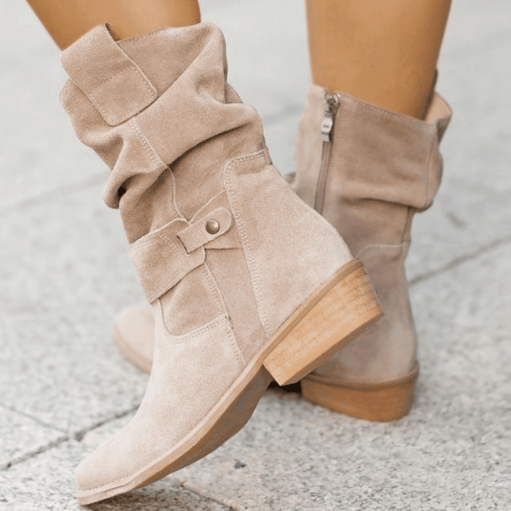 Thora - Faux Suede Flock Mid-Calf Knight Boots