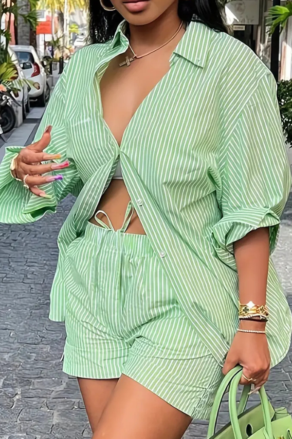 Ashlyn - Turn Down Collar Button Shirt and Shorts Set