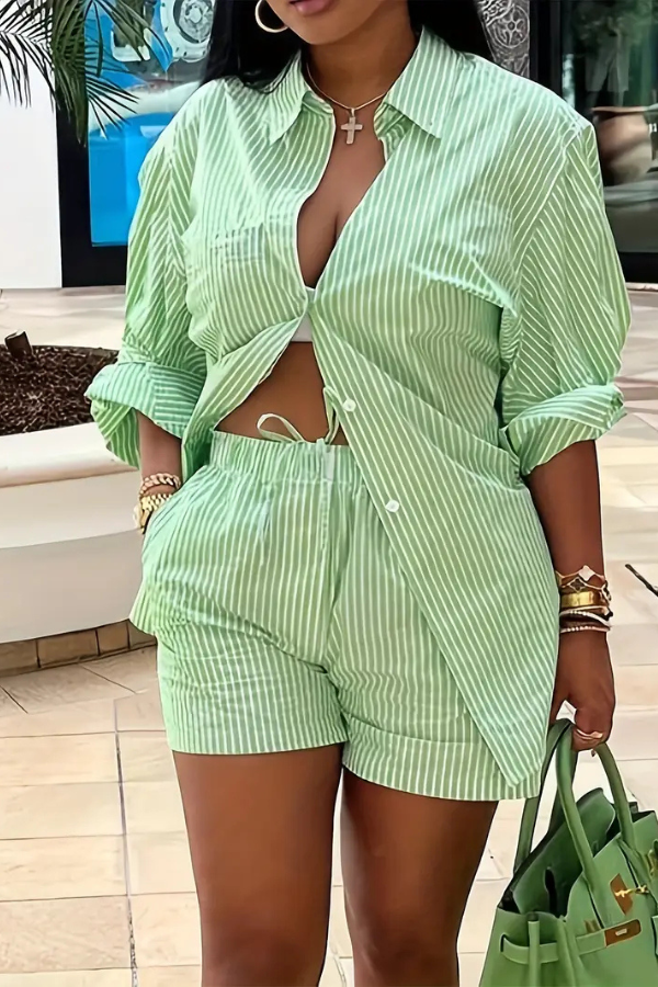 Ashlyn - Turn Down Collar Button Shirt and Shorts Set