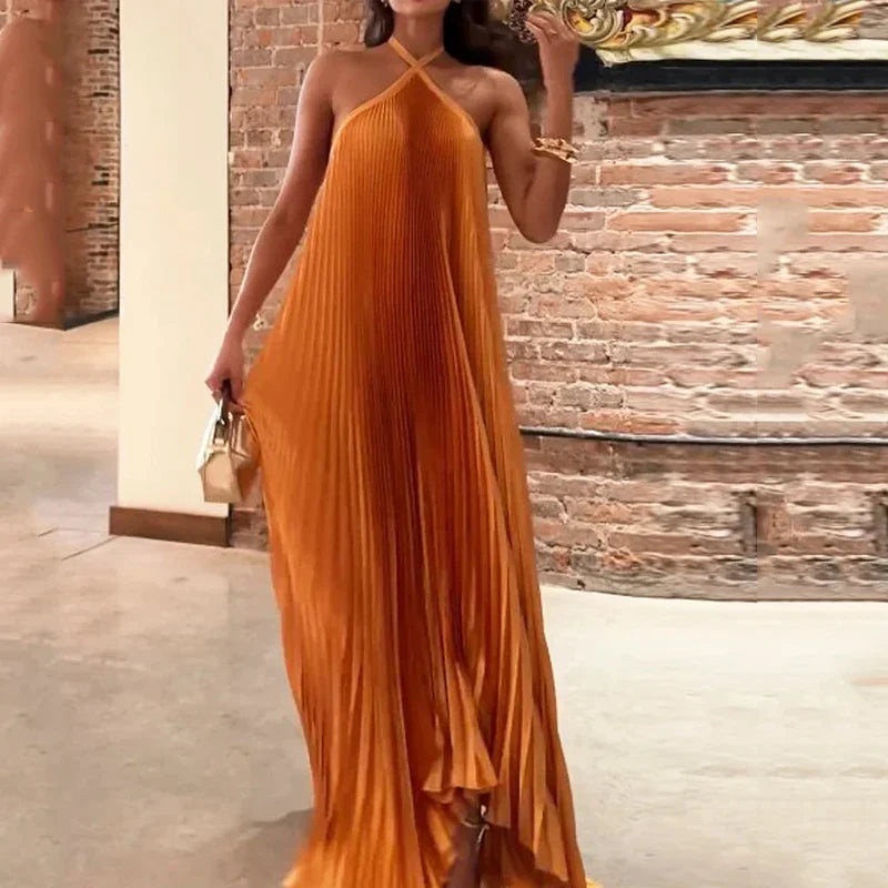 Mira - Chic Pleated Halter Neck Maxi Dress
