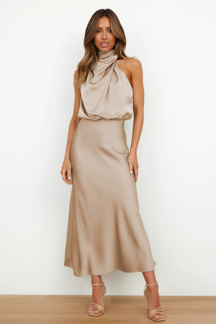Azmara – Elegant Halter Neck Satin Maxi Dress