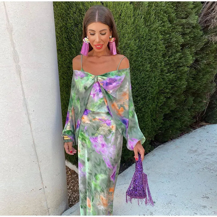 Aubrey - Elegant Detachable Scarf Halo Dye Maxi Dress