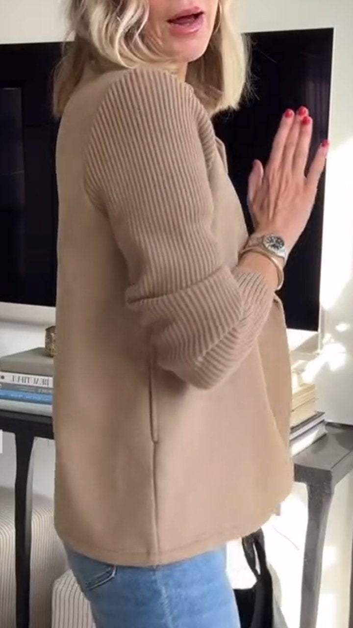 Grace - Elegant Solid Turn-Down Collar Knit-Sleeve Blazer