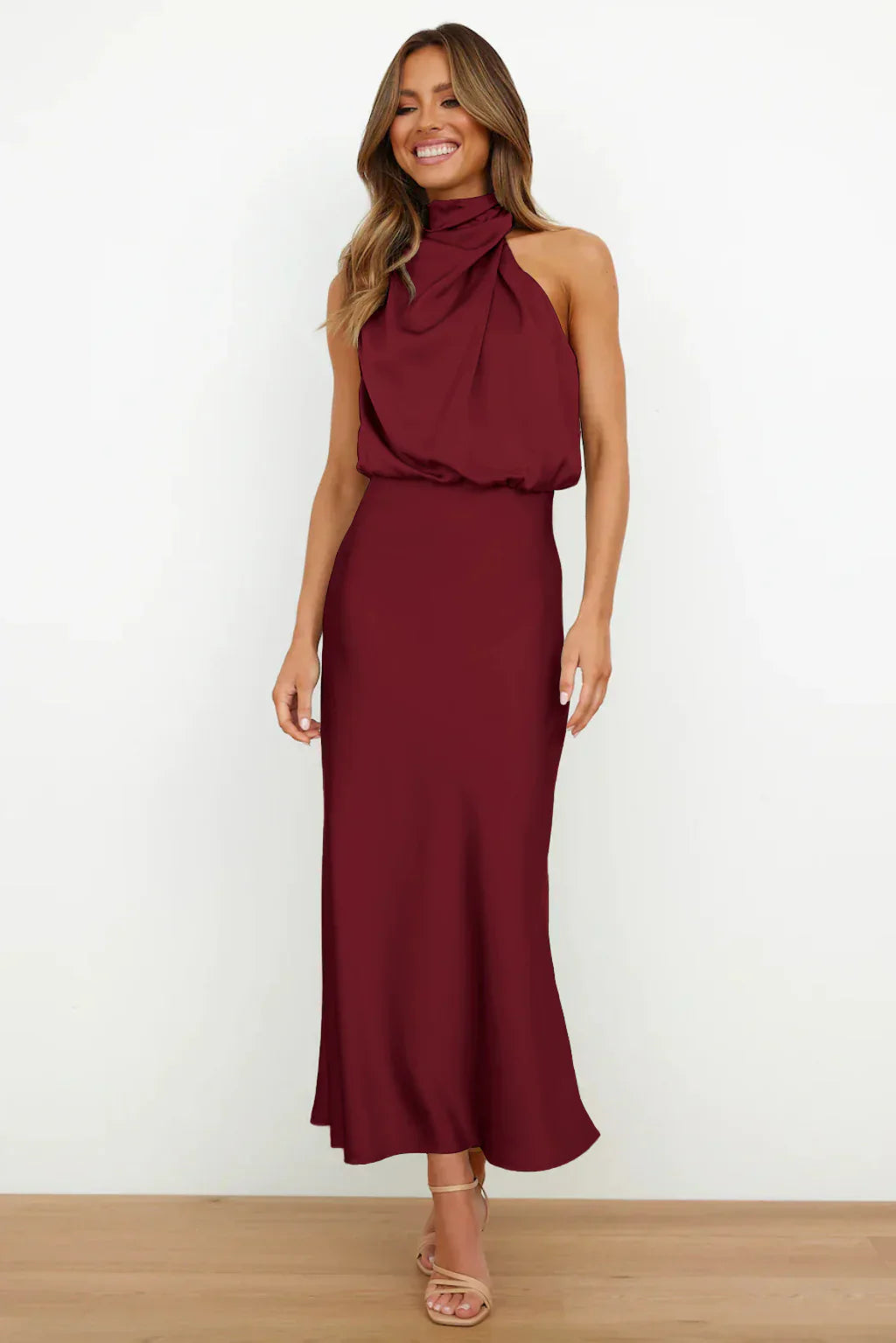 Azmara – Elegant Halter Neck Satin Maxi Dress