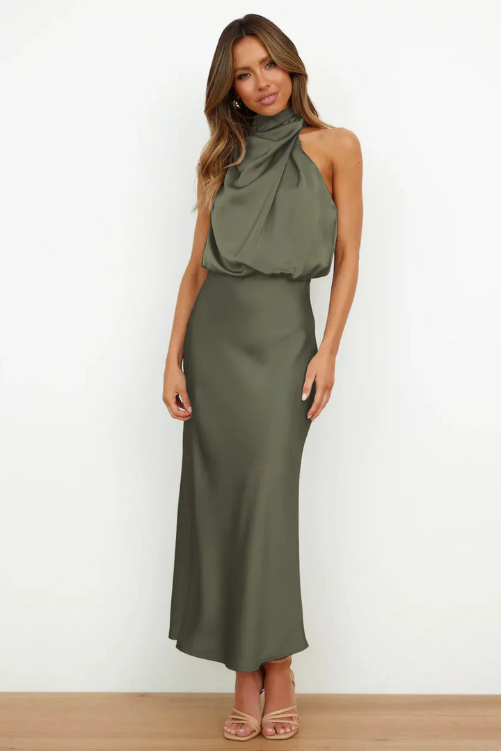 Azmara – Elegant Halter Neck Satin Maxi Dress
