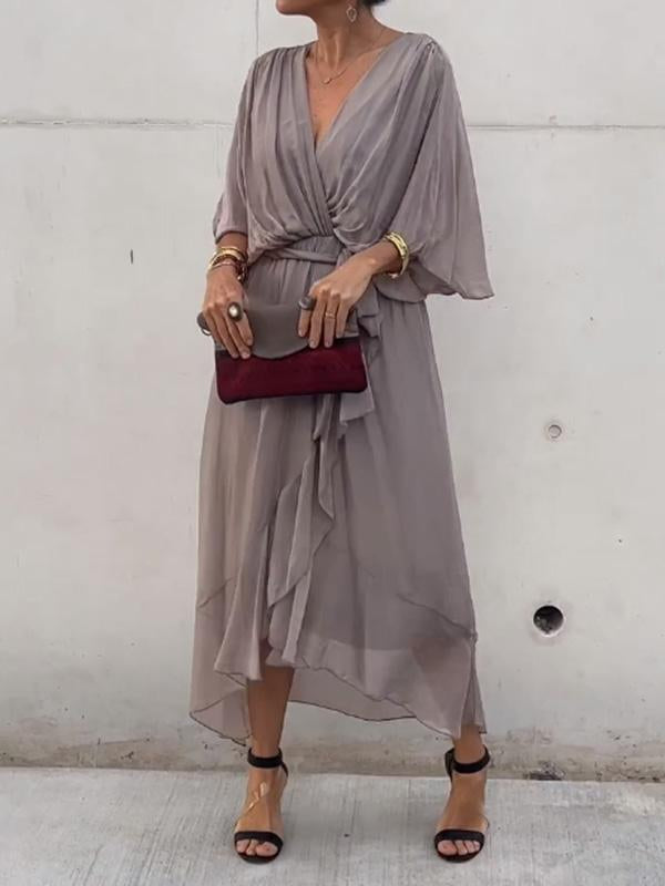 Ainsley - V Neck Long Batwing Sleeve Asymmetrical Party Dress